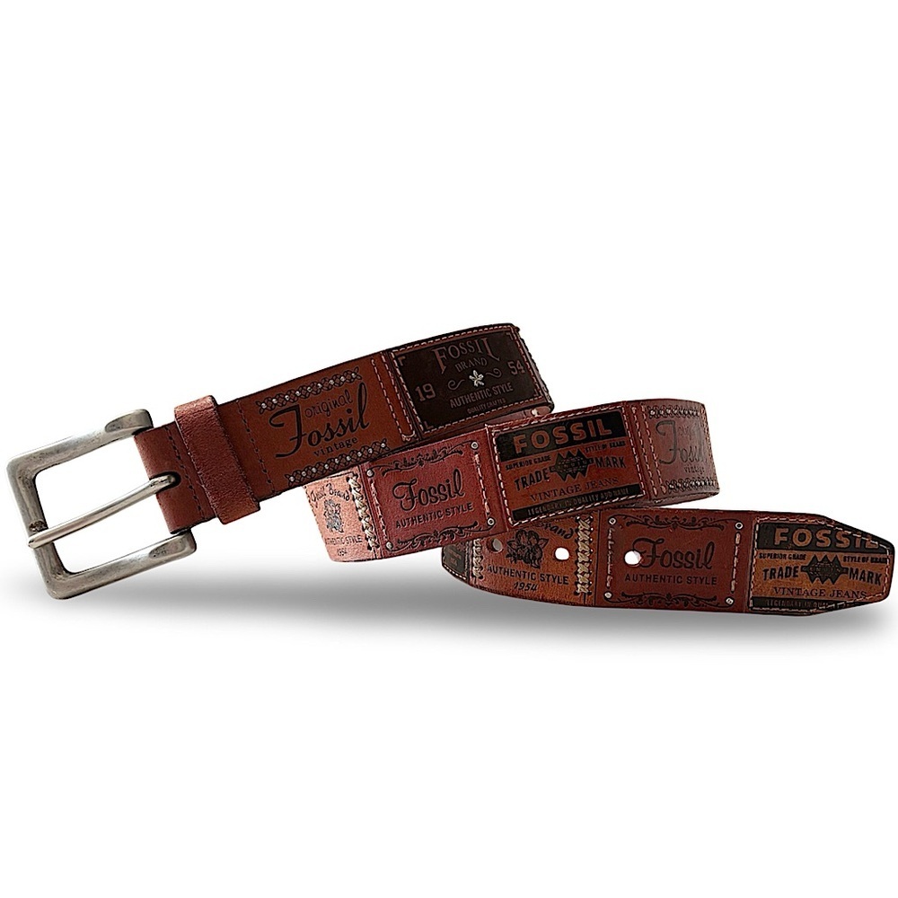 Rare Y2K VTG Fossil 54 Logo Patchwork Leather Belt | Size Medium M - Picture 1 of 14